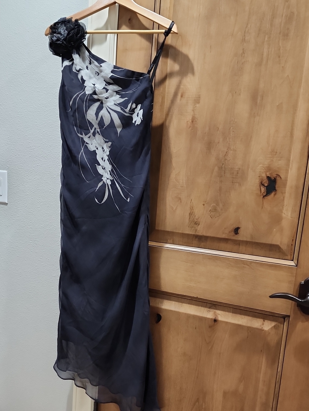 JS Collections One-Shoulder Black Dress with White Floral Detail